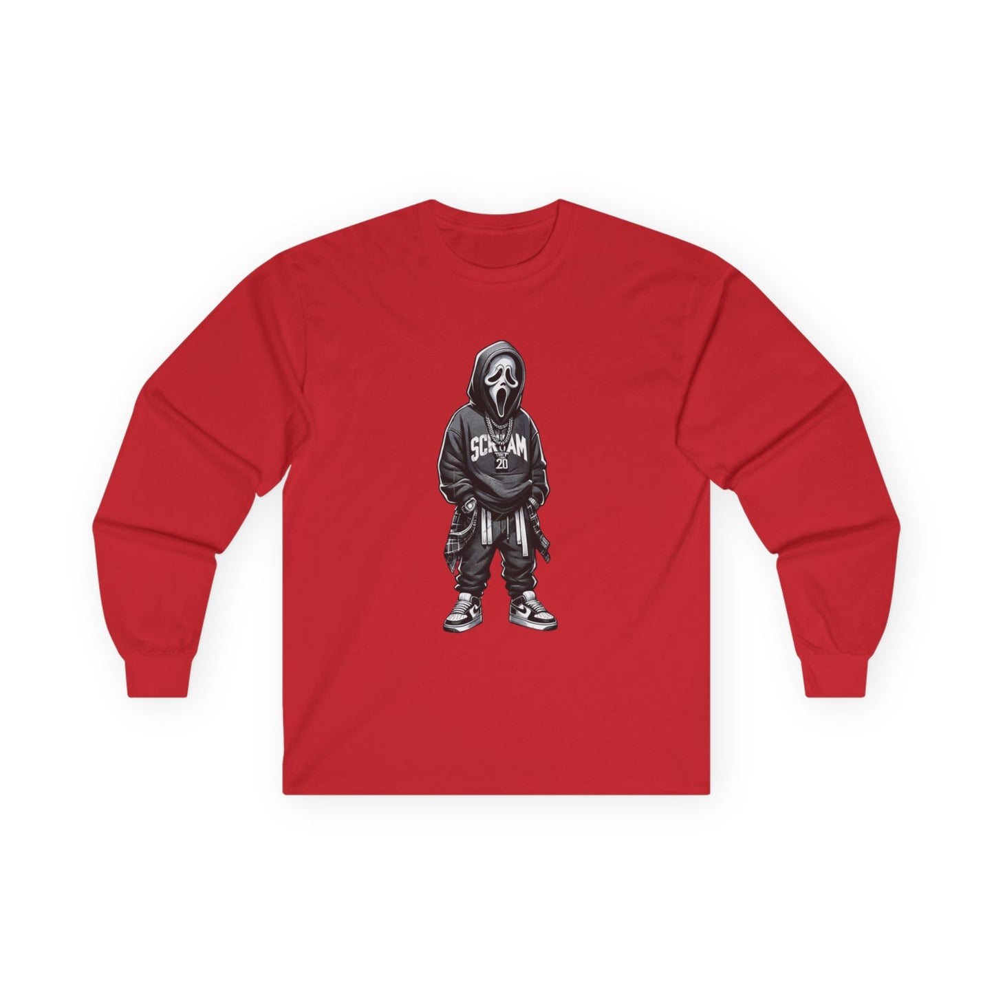 Unisex Horror-Inspired Ghostface Long Sleeve Tee, Trendy Graphic Shirt, Cool Streetwear, Perfect for Halloween, Gift for Fans