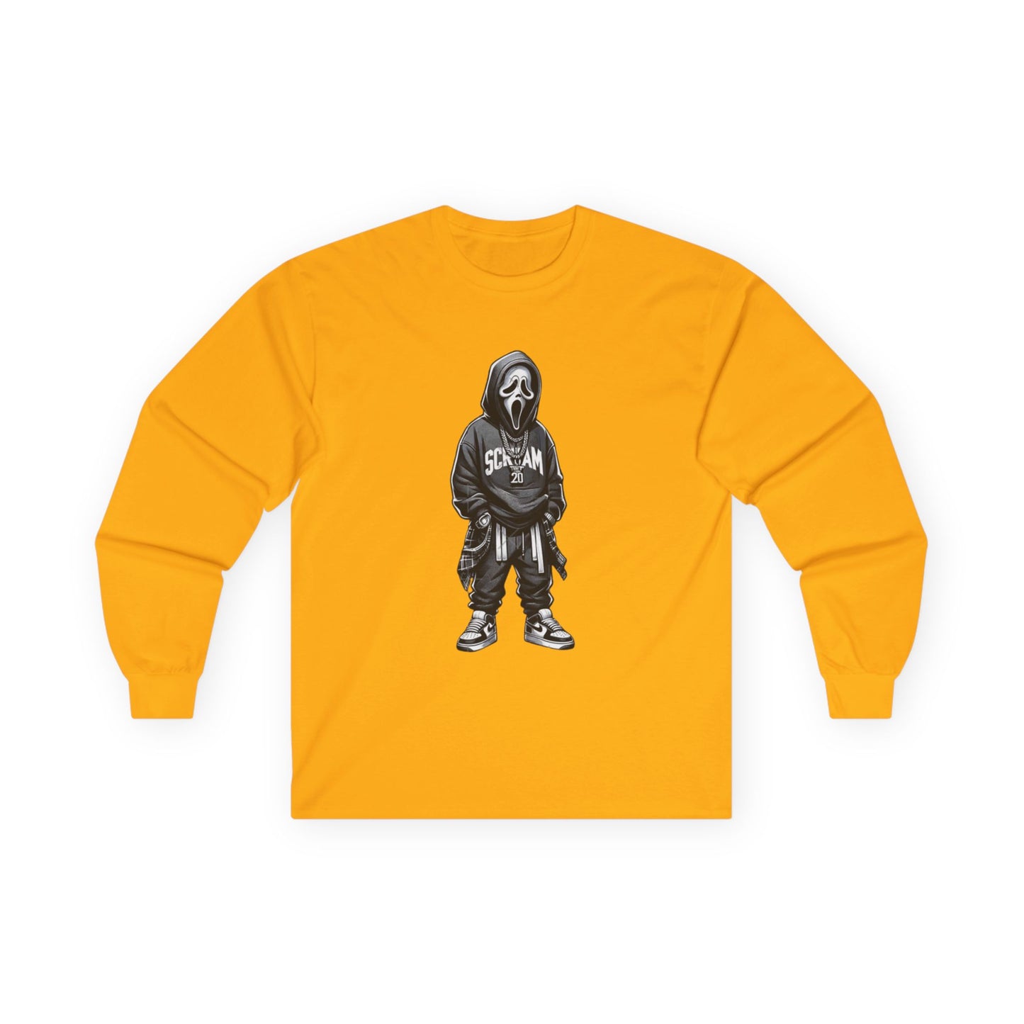Unisex Horror-Inspired Ghostface Long Sleeve Tee, Trendy Graphic Shirt, Cool Streetwear, Perfect for Halloween, Gift for Fans