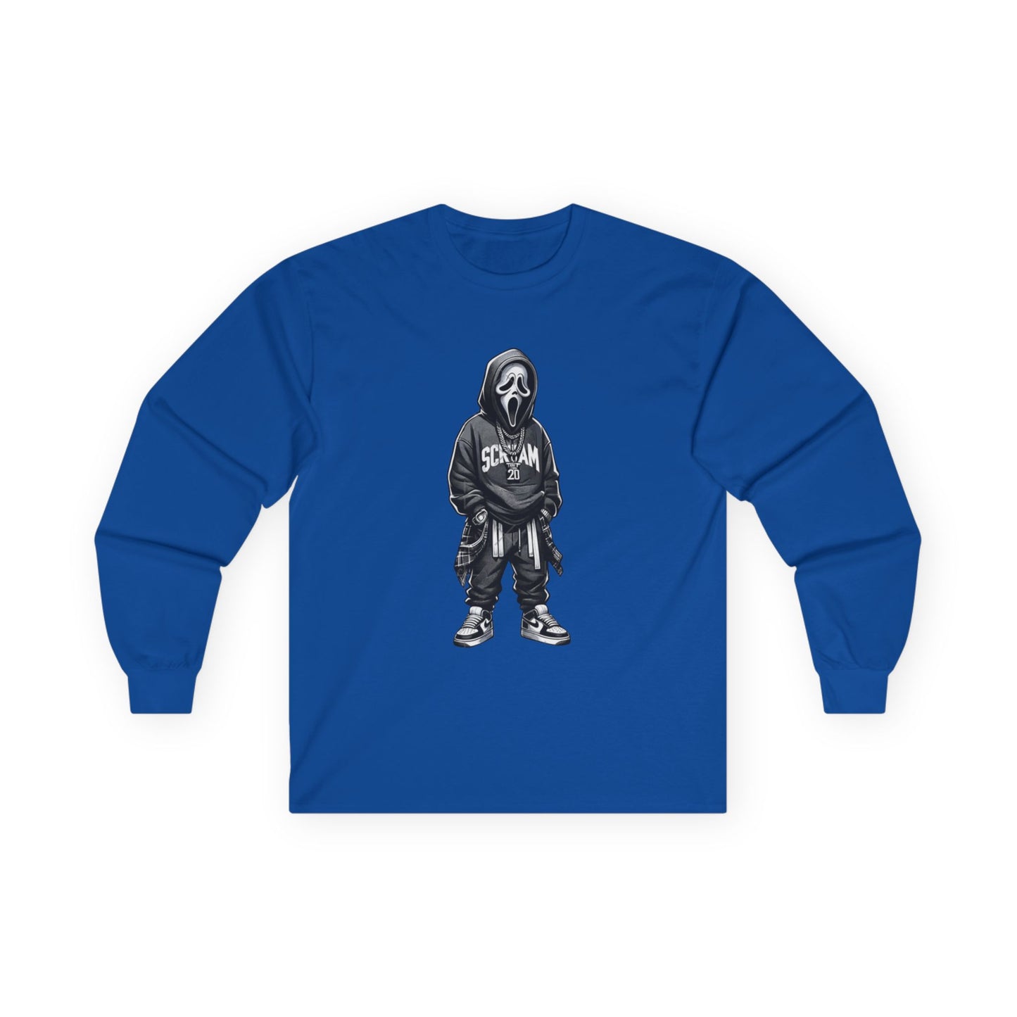 Unisex Horror-Inspired Ghostface Long Sleeve Tee, Trendy Graphic Shirt, Cool Streetwear, Perfect for Halloween, Gift for Fans