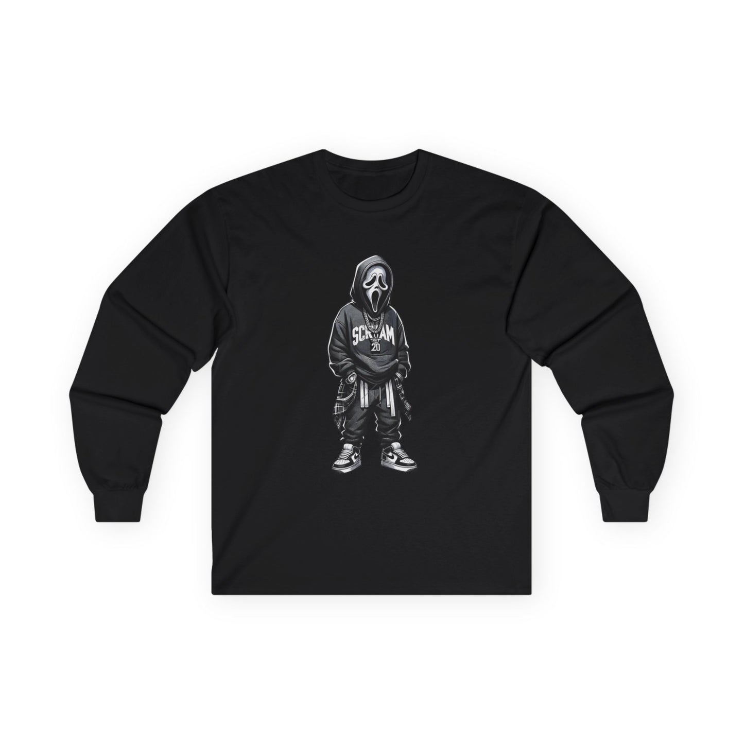 Unisex Horror-Inspired Ghostface Long Sleeve Tee, Trendy Graphic Shirt, Cool Streetwear, Perfect for Halloween, Gift for Fans