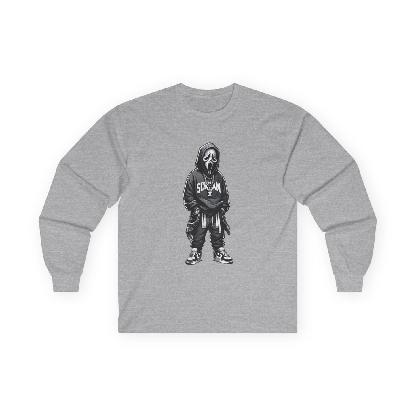 Unisex Horror-Inspired Ghostface Long Sleeve Tee, Trendy Graphic Shirt, Cool Streetwear, Perfect for Halloween, Gift for Fans