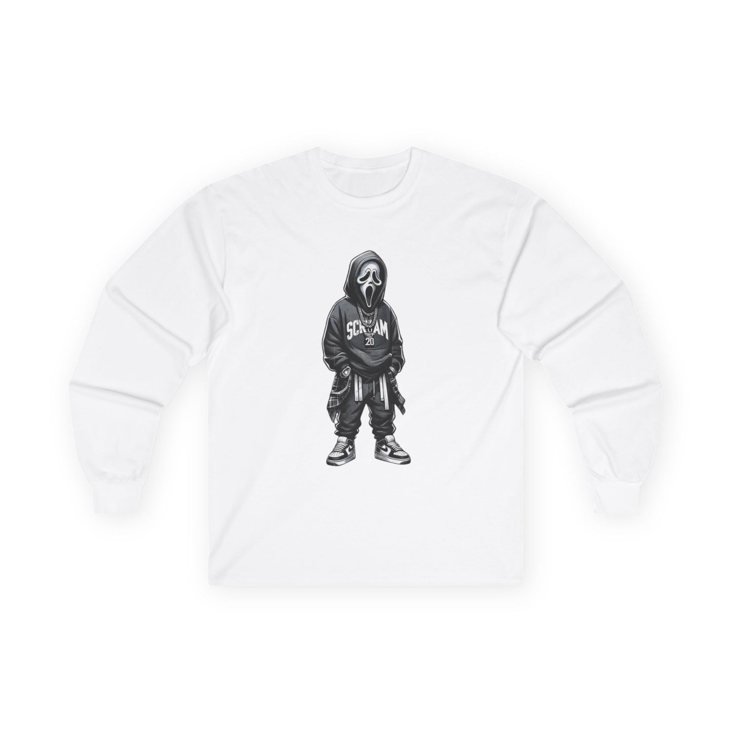 Unisex Horror-Inspired Ghostface Long Sleeve Tee, Trendy Graphic Shirt, Cool Streetwear, Perfect for Halloween, Gift for Fans