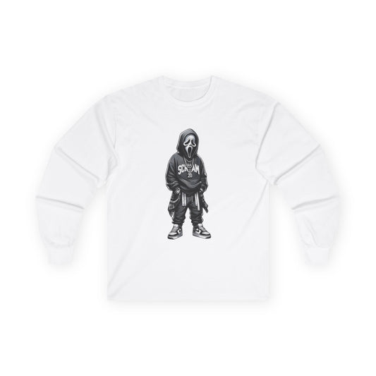 Unisex Horror-Inspired Ghostface Long Sleeve Tee, Trendy Graphic Shirt, Cool Streetwear, Perfect for Halloween, Gift for Fans