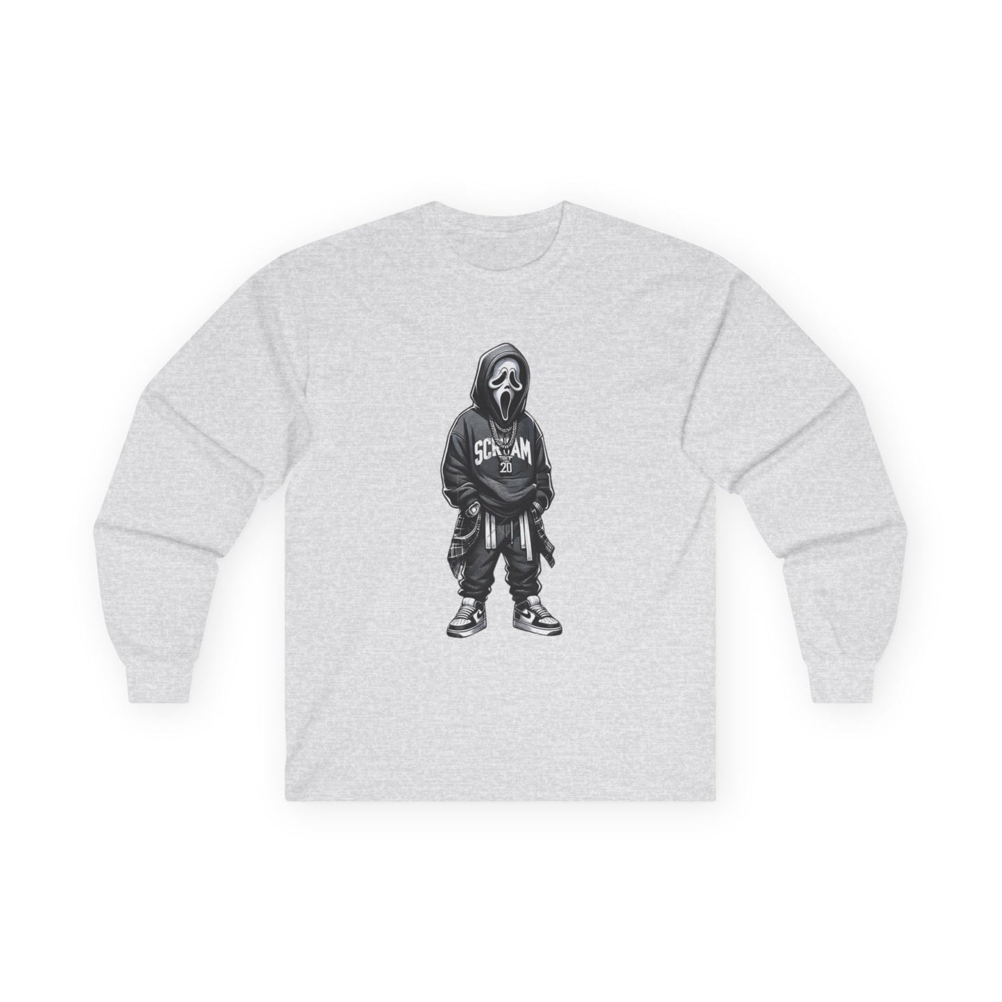Unisex Horror-Inspired Ghostface Long Sleeve Tee, Trendy Graphic Shirt, Cool Streetwear, Perfect for Halloween, Gift for Fans